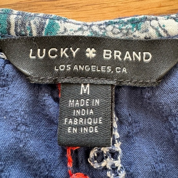 Lucky Brand Navy Blue Sleeveless Boho Paisley Lace Up Tassel Tank Top Size Med - Picture 5 of 8